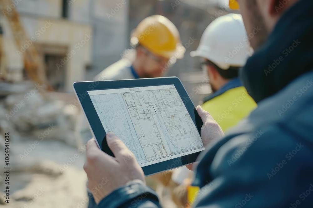 Poster everyone needs to be on the same page. shot of a group of architects using a digital tablet at a bui