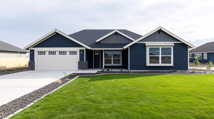 Fototapeta premium modern blue and white suburban house with green lawn