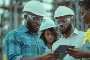 Everyone needs to be on the same page. Shot of a group of architects using a digital tablet at a building site.	