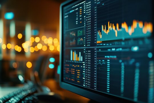 financial graphs and data analytics on a desktop monitor in an office