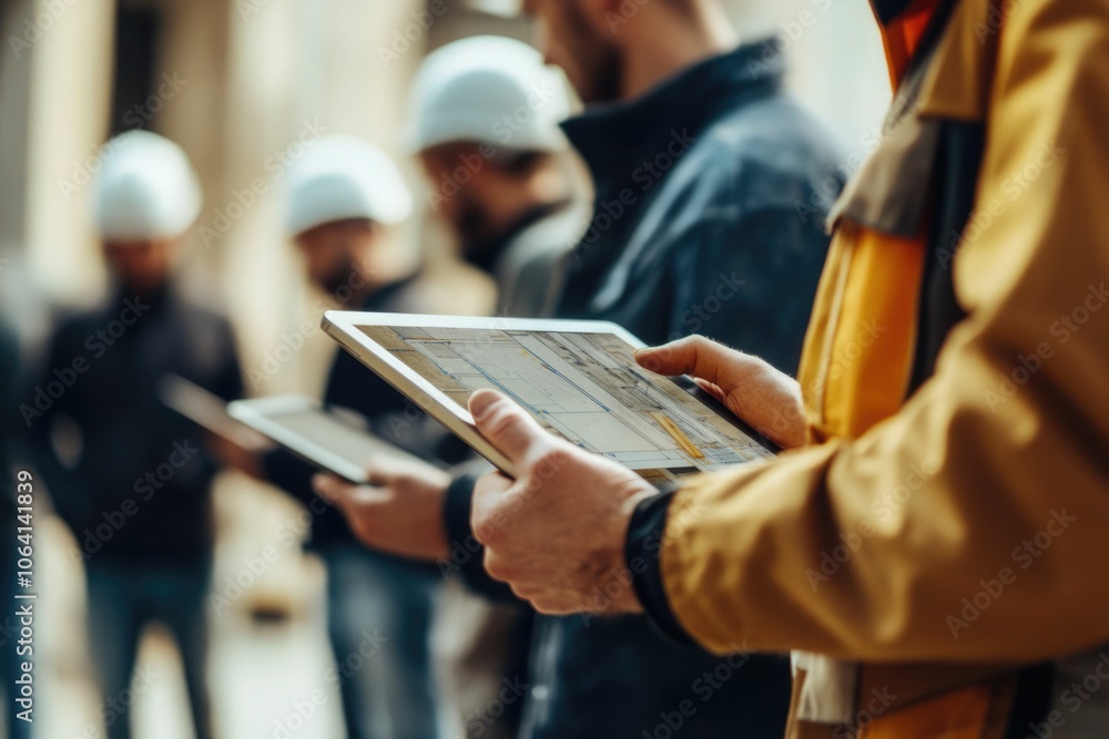 Poster everyone needs to be on the same page. shot of a group of architects using a digital tablet at a bui