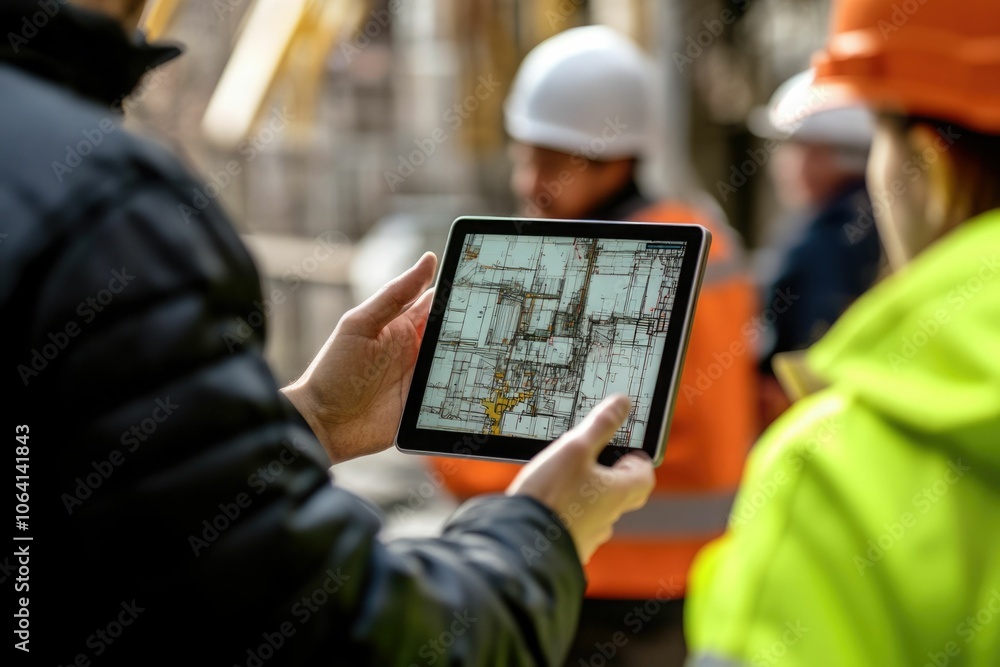 Poster everyone needs to be on the same page. shot of a group of architects using a digital tablet at a bui