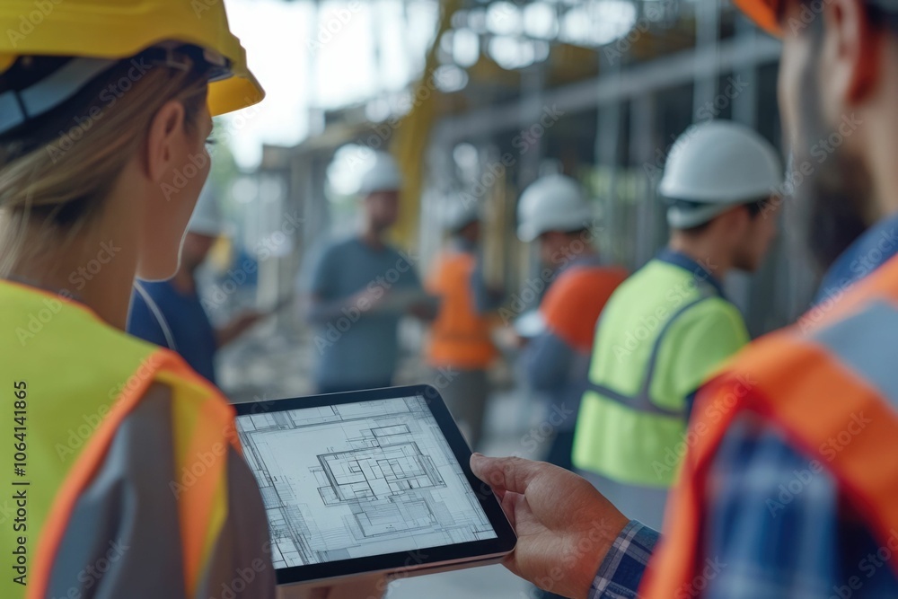 Aufkleber everyone needs to be on the same page. shot of a group of architects using a digital tablet at a bui