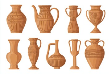 Collection of artistic clay vases on a white isolated background.