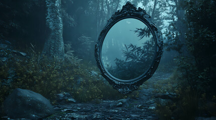 Gothic mirror reflecting dark forest in a mystical and eerie setting. concept gothic aesthetics, dark ambient, mystical photography, eerie atmosphere, reflective elements. Mystical. Illustration