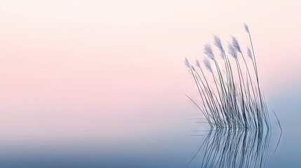   A clear photo of tall grasses, water, and a pink sky