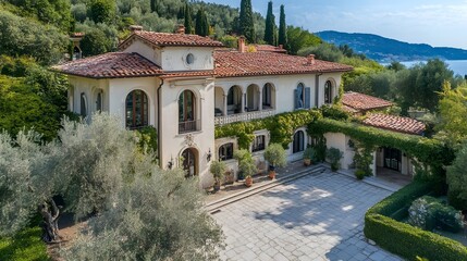 Obraz premium A classic Mediterranean villa with stucco walls, terracotta roof tiles, and arched windows. Surrounded by olive trees, a courtyard, and views of the Italian coast