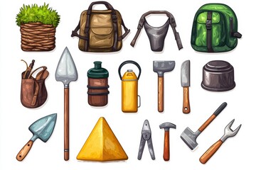 Collection of gardening tools, backpacks, and accessories on a white isolate background.
