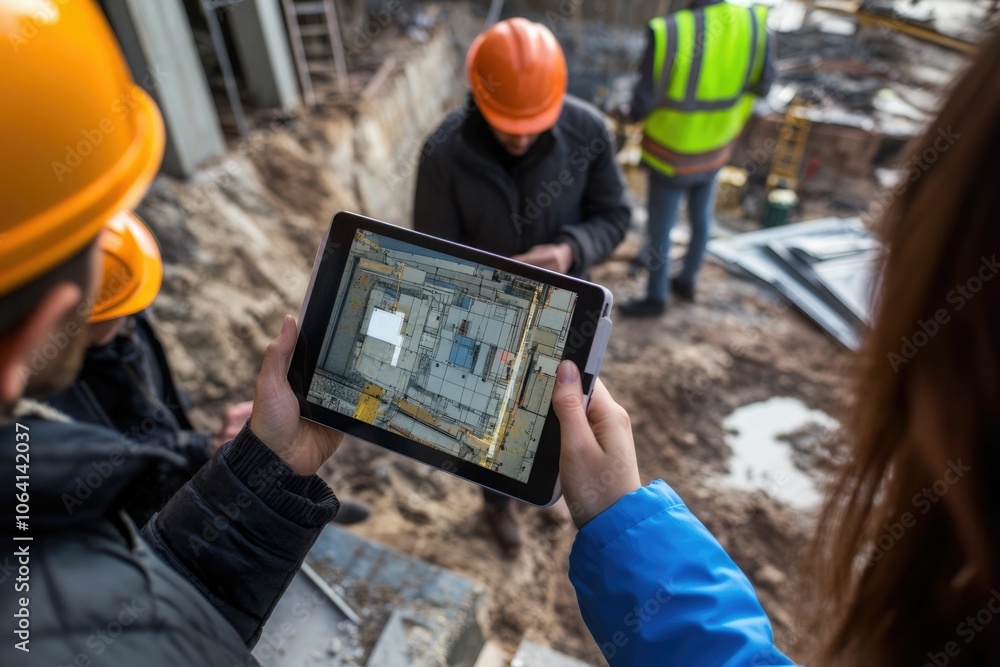 Poster everyone needs to be on the same page. shot of a group of architects using a digital tablet at a bui