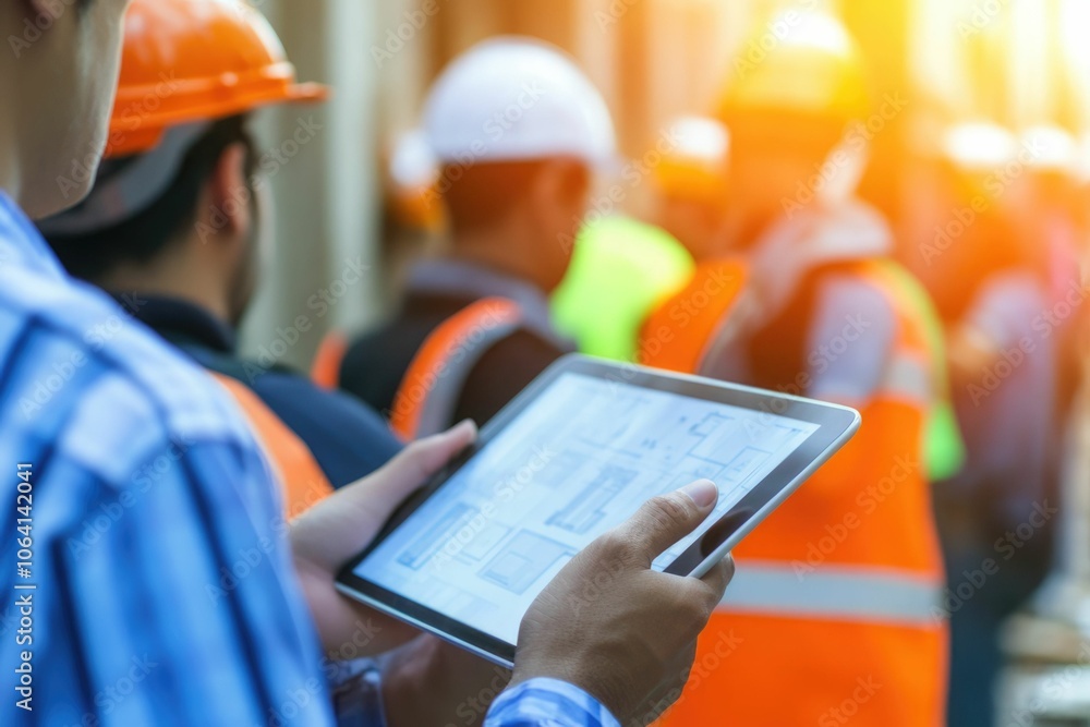 Poster everyone needs to be on the same page. shot of a group of architects using a digital tablet at a bui