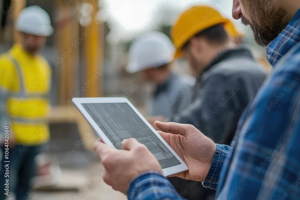 Poster everyone needs to be on the same page. shot of a group of architects using a digital tablet at a bui