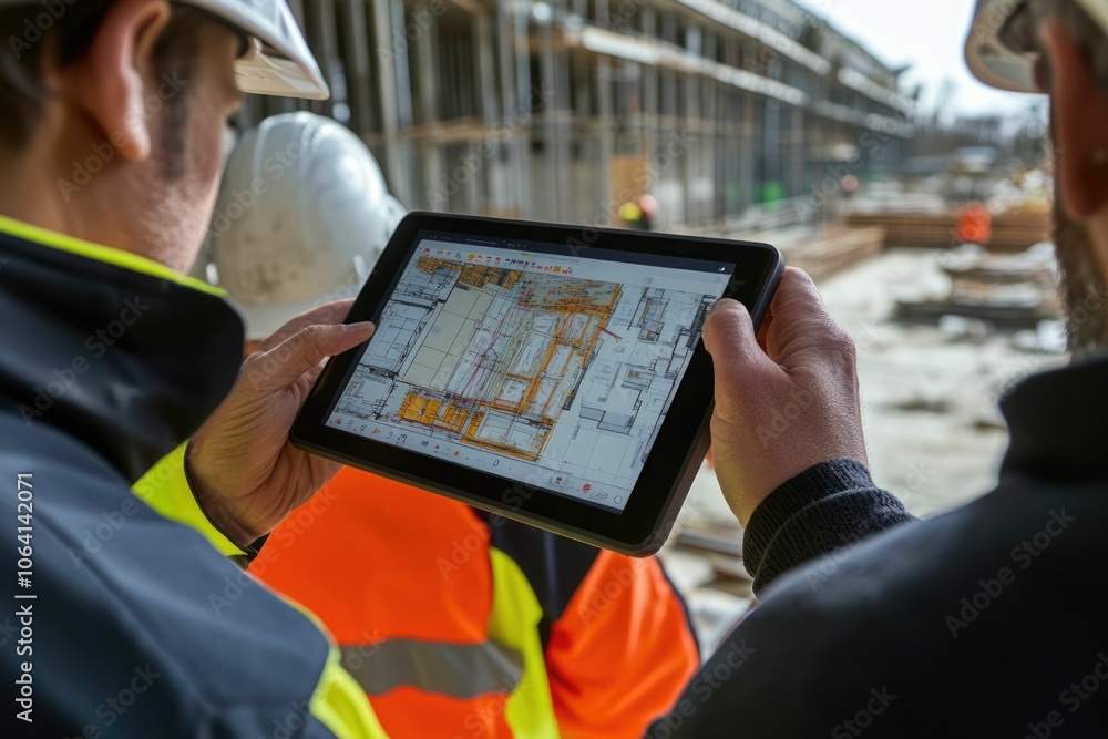 Poster everyone needs to be on the same page. shot of a group of architects using a digital tablet at a bui
