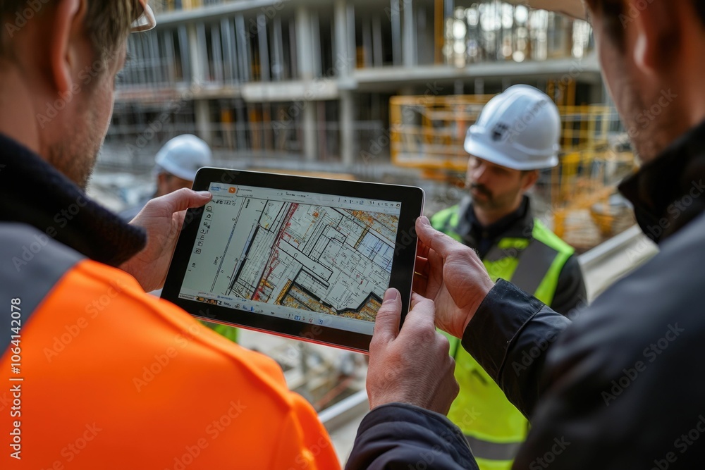 Poster everyone needs to be on the same page. shot of a group of architects using a digital tablet at a bui