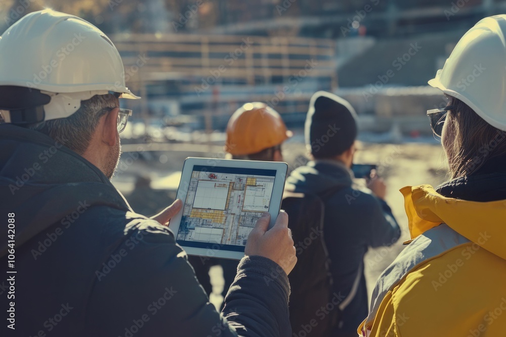 Poster everyone needs to be on the same page. shot of a group of architects using a digital tablet at a bui