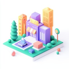 Fototapeta premium Colorful 3D illustration of a modern cityscape with buildings, trees, and a car on a white isolate background.