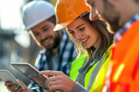 Everyone needs to be on the same page. Shot of a group of architects using a digital tablet at a building site.	