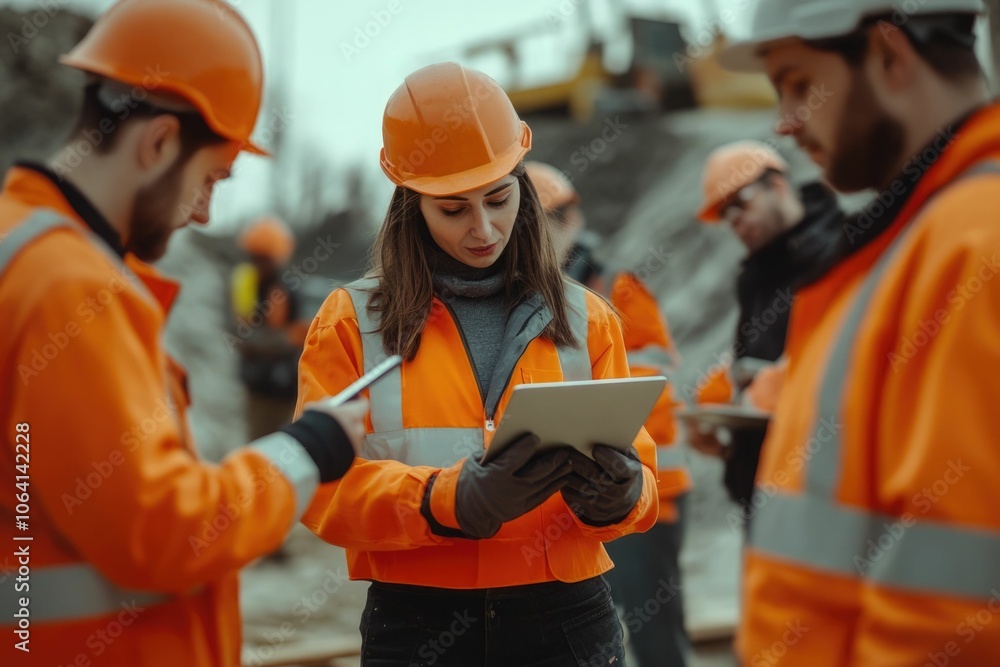Poster everyone needs to be on the same page. shot of a group of architects using a digital tablet at a bui