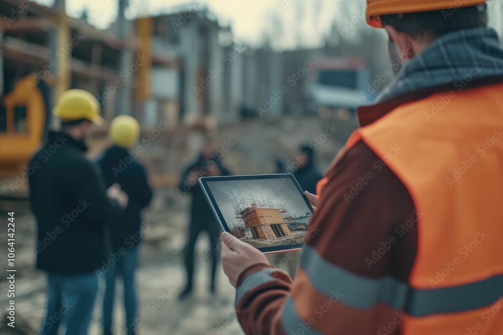Poster everyone needs to be on the same page. shot of a group of architects using a digital tablet at a bui