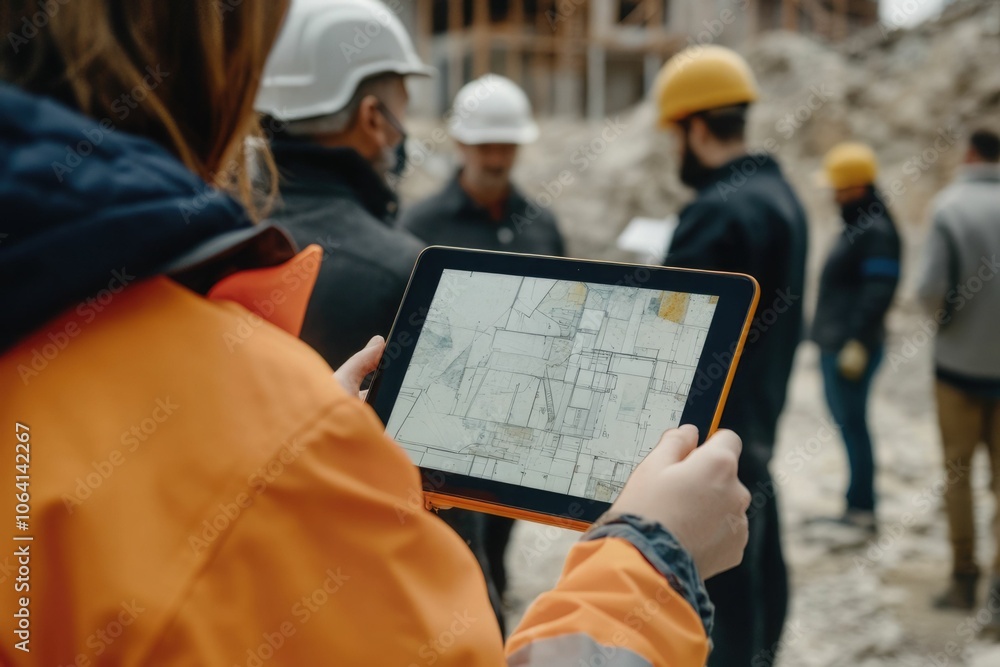 Poster everyone needs to be on the same page. shot of a group of architects using a digital tablet at a bui