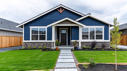 Fototapeta premium blue and white modern house with stone walkway and lush green lawn