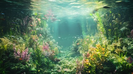 Fototapeta premium A vibrant underwater scene with sunlight filtering through the water, illuminating a lush coral reef teeming with colorful fish.