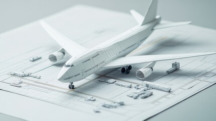 High-detail Images of Paper-crafted Cargo Plane Models on Blueprints and Technical Backgrounds