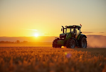 Fototapeta premium farming tech meets modern tractor vast golden field serene sunset hours