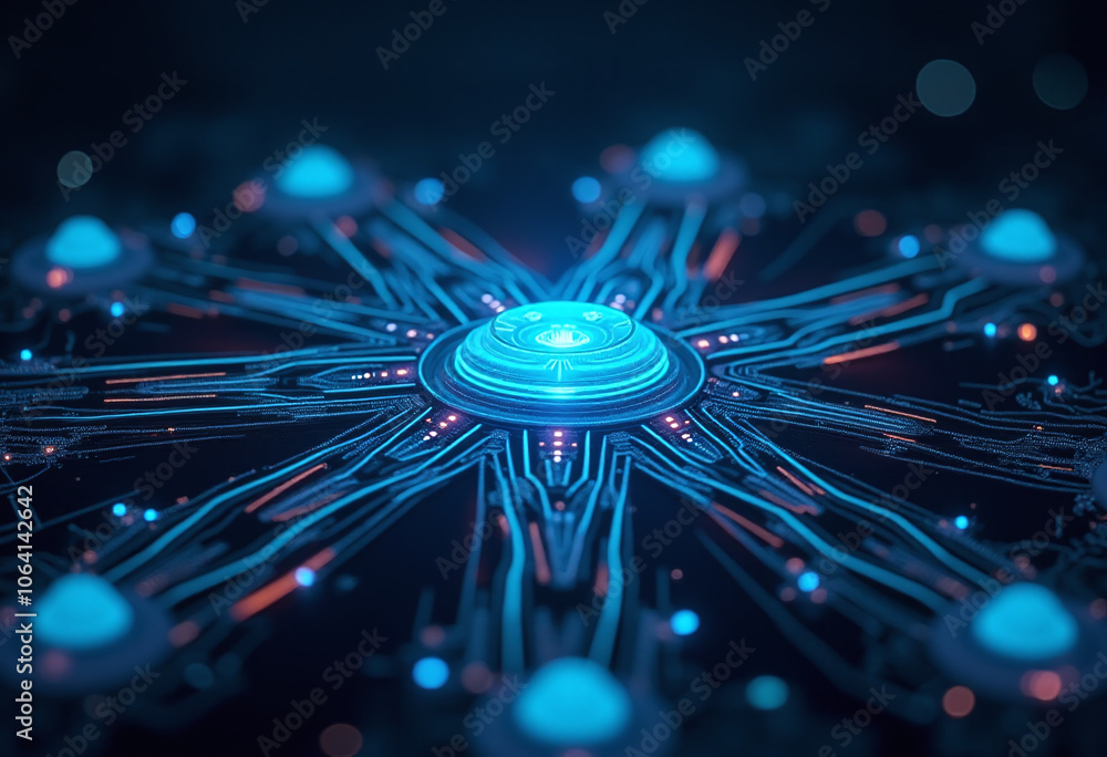 Poster futuristic digital hub features glowing lines circuit networks innovating digital tech enhanced comm