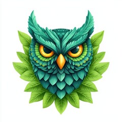Fototapeta premium Colorful owl illustration with vibrant green feathers and eyes, surrounded by lush leaves, white isolate background.