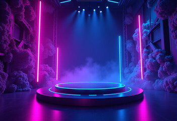 futuristic neon purple blue stage tech elements advertising gaming artwork featuring cutting edge digital technology designs