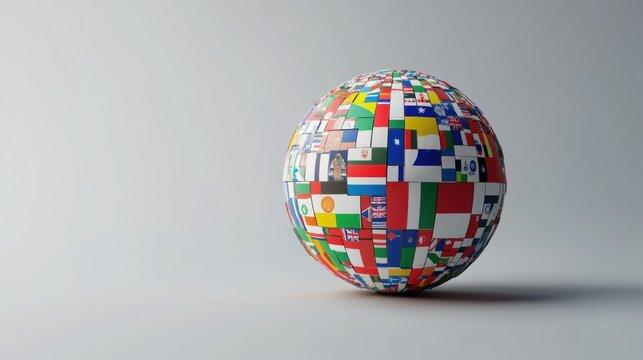 A 3D rendering of a globe made up of many different national flags.