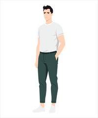 Fototapeta premium Vector illustration on a white background. Young man in a white T-shirt and light blue trousers, stands straight, hands in pockets.
