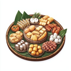 Delicious assortment of traditional snacks served on a wooden platter with leaves.