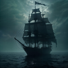 Fototapeta premium a large sailing ship with its sails down, floating on a body of water. The ship is adorned with a flag on its mast. The background is filled with clouds and fog, creating a mysterious 