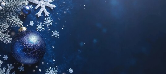 Fototapeta premium Dark blue background with white snowflakes and decorations on the left side, a Christmas ornament in a dark royal blue color with a shiny, reflective surface Generative AI