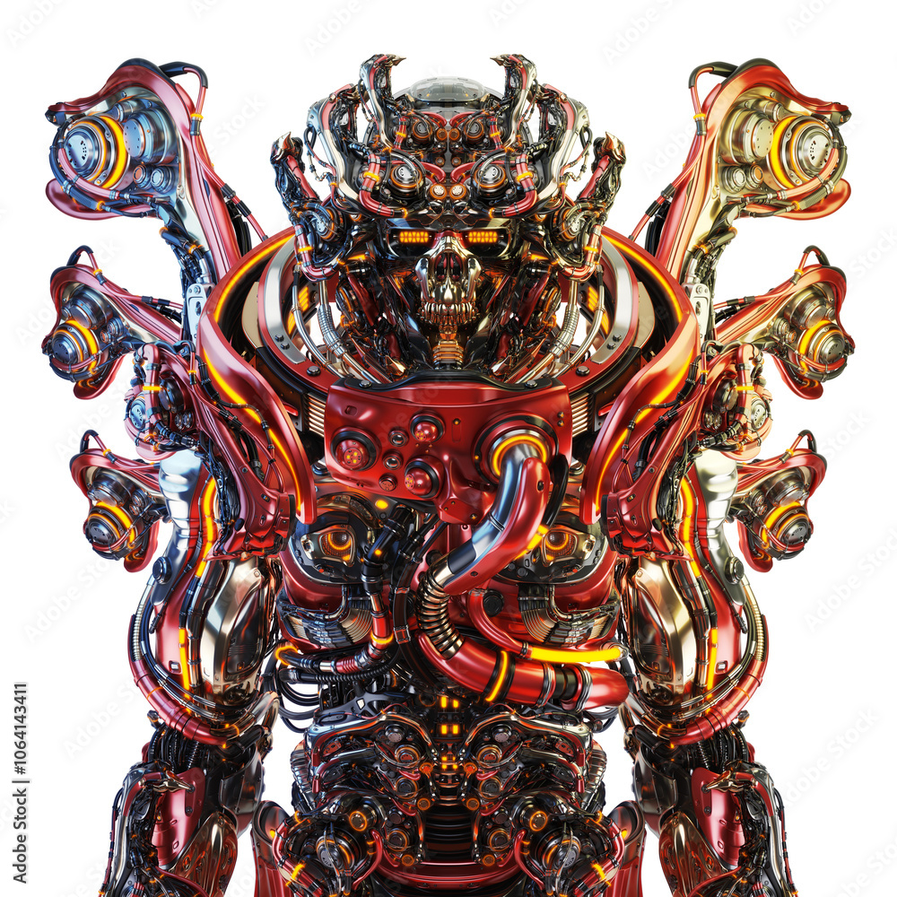 Poster futuristic cyborg armor with intricate red and metallic designs, featuring glowing mechanical compon