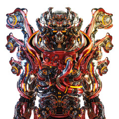 Futuristic cyborg armor with intricate red and metallic designs, featuring glowing mechanical components and a menacing skull-like face, highlighting advanced robotics and sci-fi aesthetics.
