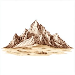 Detailed illustration of majestic mountains on a sandy landscape, isolated on a white background.