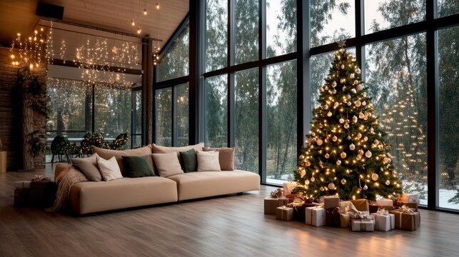 Loving family in a cozy room with a brightly lit Christmas tree and festive holiday decor, warm winter ambiance, full view