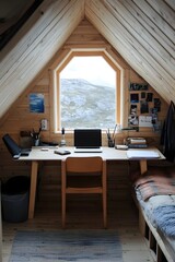 Fototapeta premium A clutter-free, minimalist workspace with a simple desk, ergonomic chair, and only essential items on the desk. Bright, natural light streams in from a large window. 