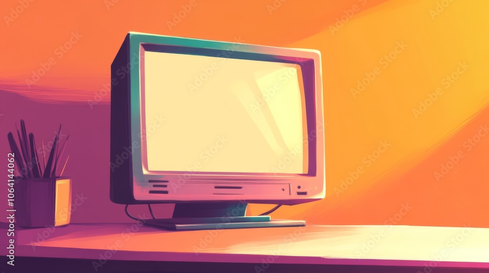 Poster retro computer monitor with blank screen on a desk with pencils in a cup.