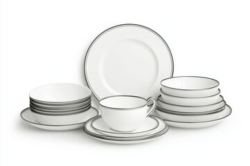 Elegant white dinnerware set stacked with a delicate silver border, isolated on a white background.