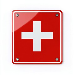 Obraz premium First aid sign with red background, white cross, and metallic bolts, isolated on white.