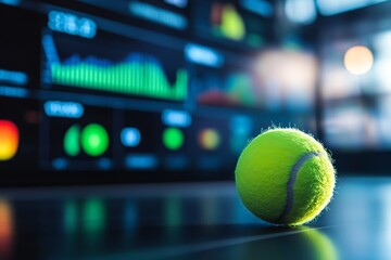 Tennis ball on the background of a display with analytics and statistics graphs