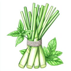 Fresh green lemongrass bundle with vibrant leaves, isolated on white background.