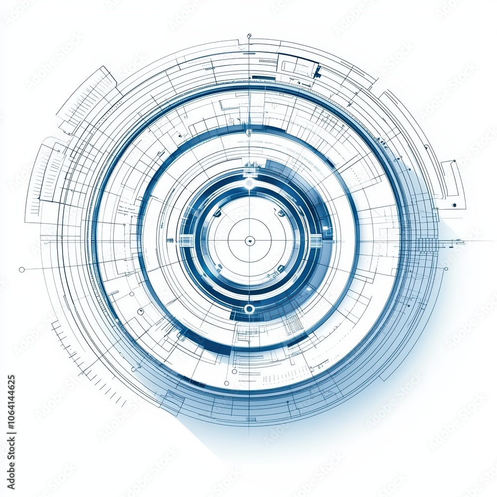 Poster futuristic abstract circular blueprint design on a white background.