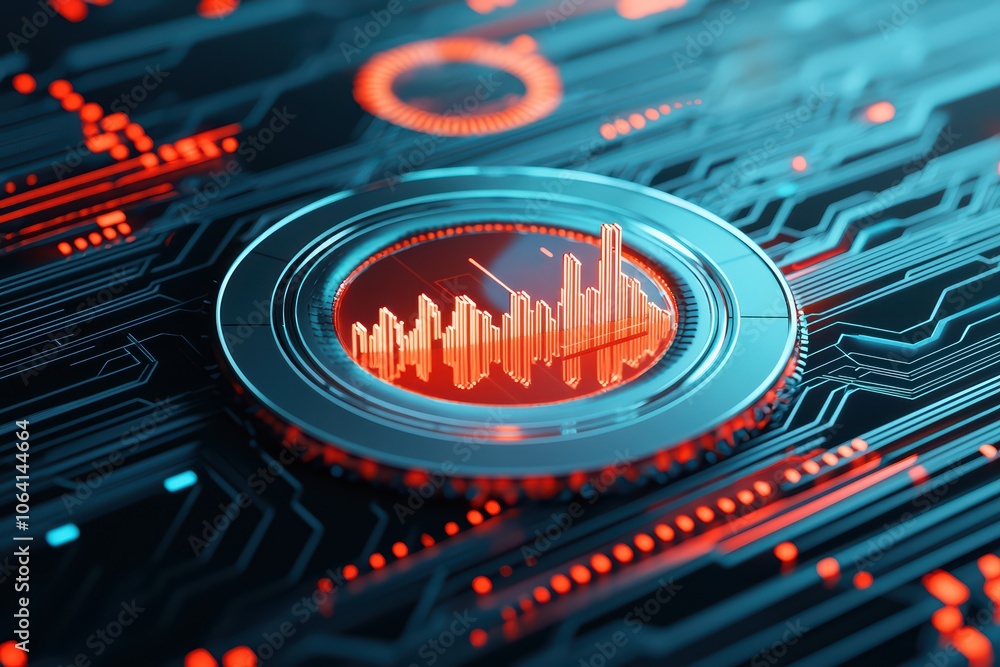 Poster futuristic interface with red sound wave graphic and digital circuit design, isolated on dark backgr