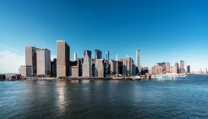 Naklejka premium New York City skyline with skyscrapers and waterfront on a clear day.