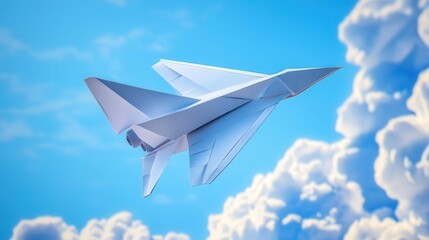 High-detail Images of Paper-crafted Passenger Planes Flying through Blue Skies and Clouds