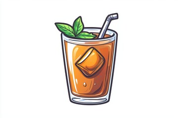 Iced tea in a glass with mint leaves and a straw, on a white isolated background.